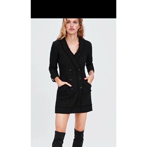 Zara Jackets & Blazers - Zara TRF Collection Women’s Black Tweed Blazer Jacket Pockets Lined Size L
